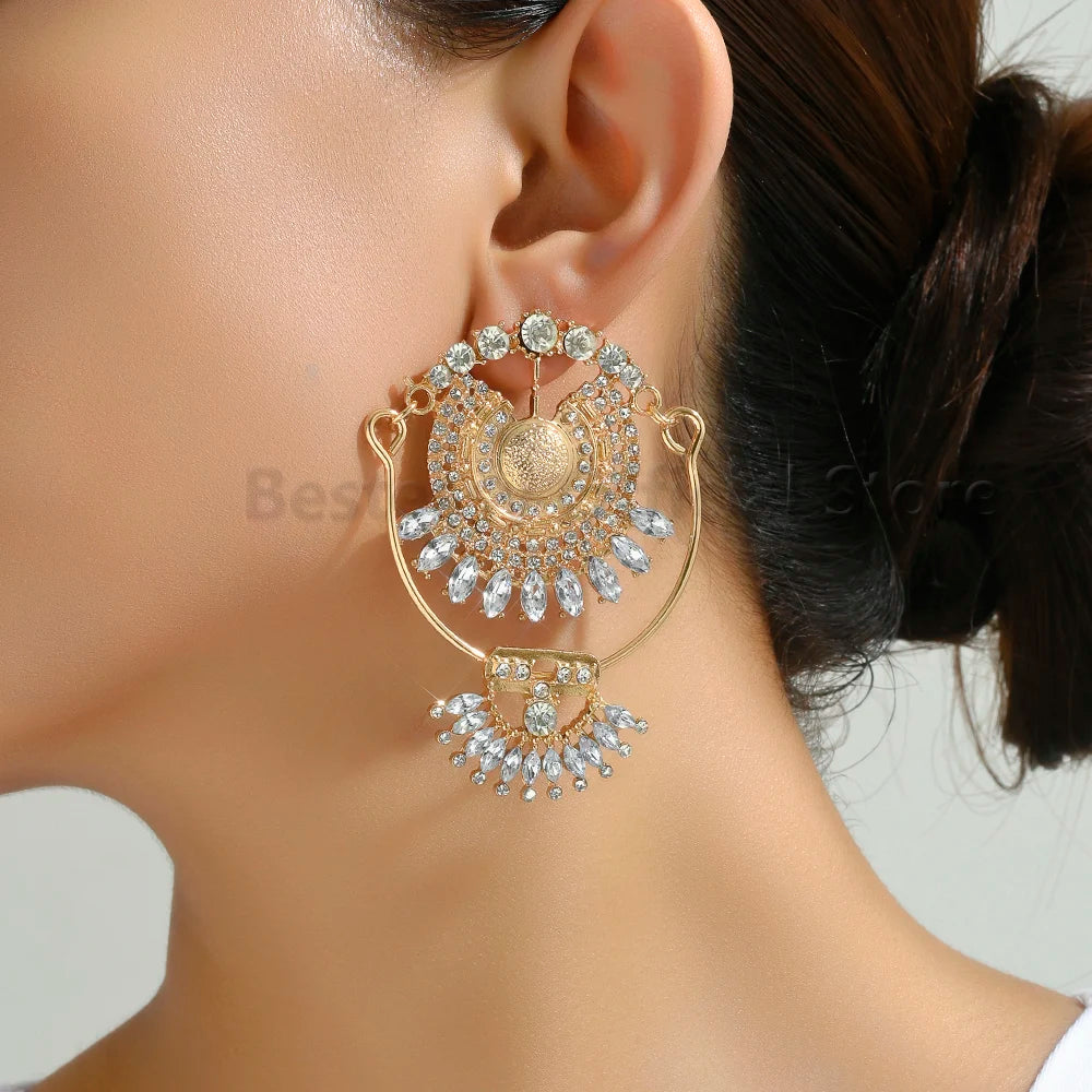 Bohemian Gold Metal Rhinestone Exaggerated Large Stud Earrings for Women for Party Prom Vacation Trendy Jewelry Accessories