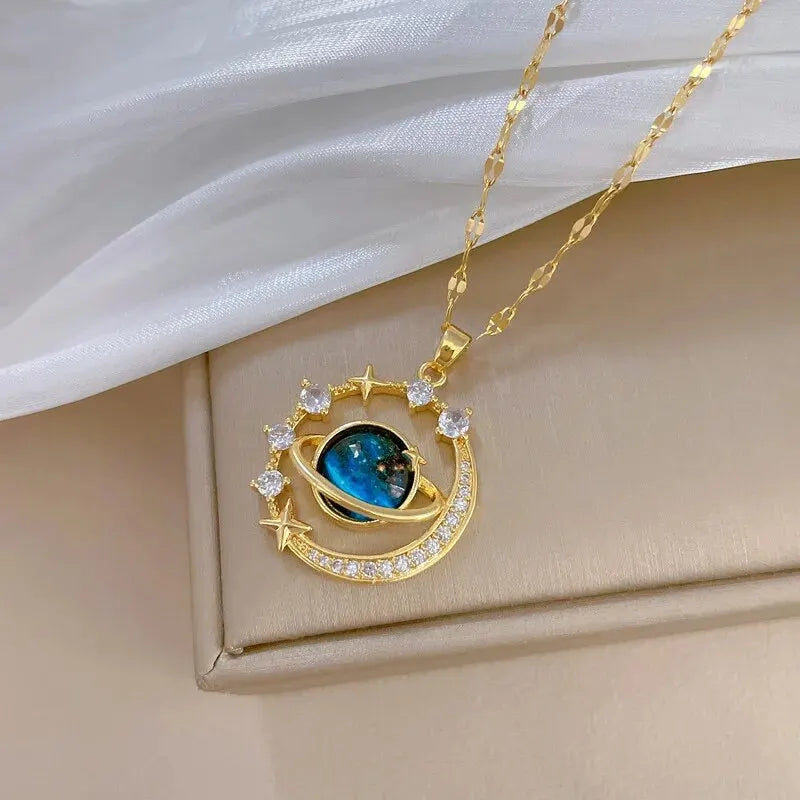 Light Luxury Titanium Steel Star Series Necklace for Women Gold Color Planet Moon Astronaut Pendant Necklaces Jewelry Gifts