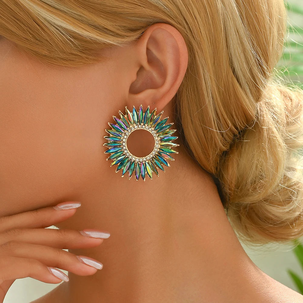 Fashion Trend Round Design Crystal Earrings For Women Statement Vintage Ear Stud Jewelry Accessories Luxury Charm Party Gifts