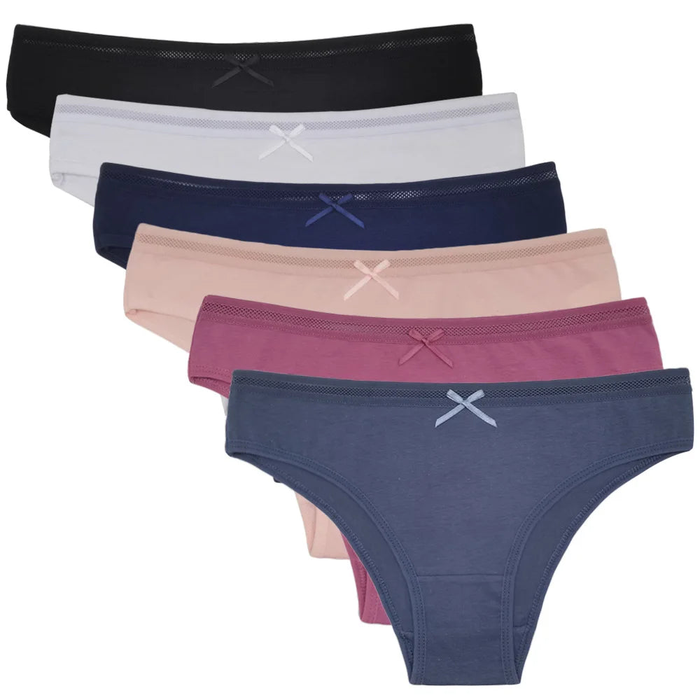 Women Underwear Ladies Panties Cotton Low Rise Solid Cute Bow Soft Breathable Briefs for Girls 6 Pcs/set