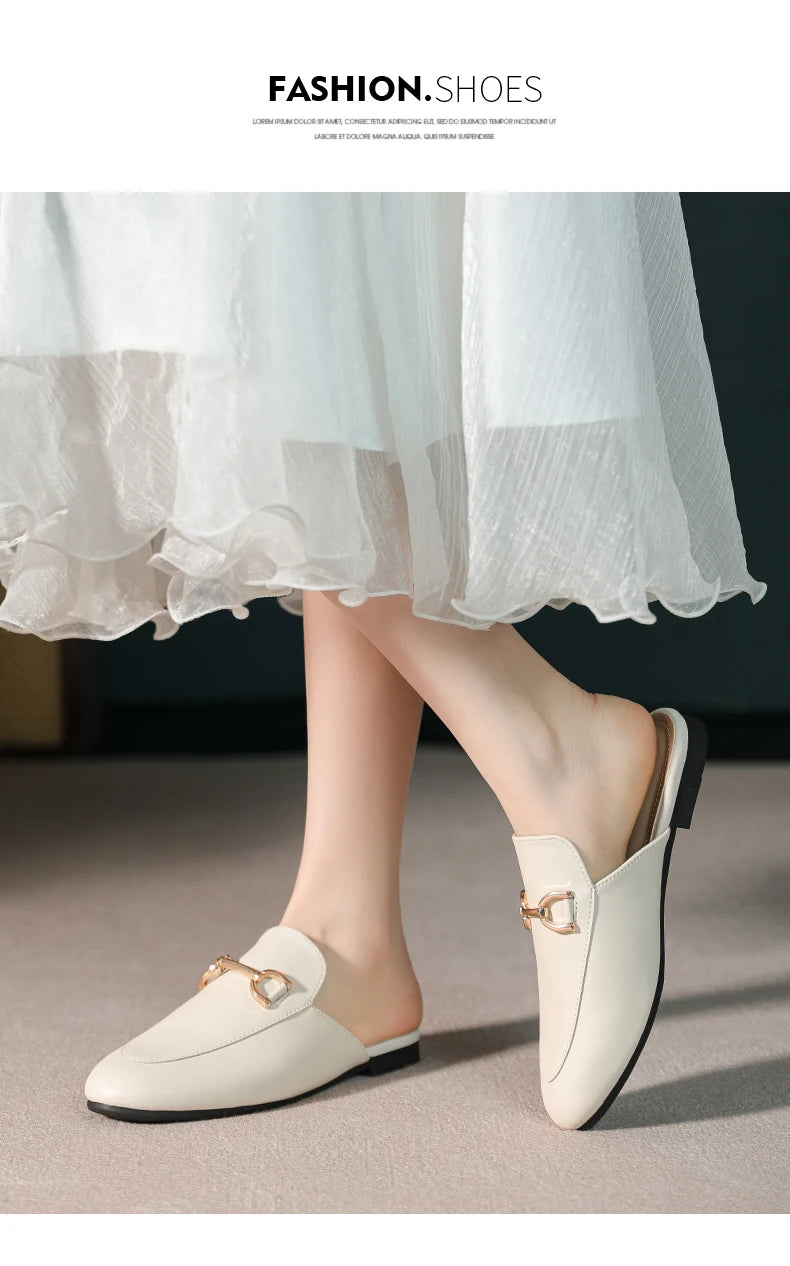 2024 spring and summer women’s outer wear slippers flat shoes Women's casual mules Stylish metal decoration Large size 41-44