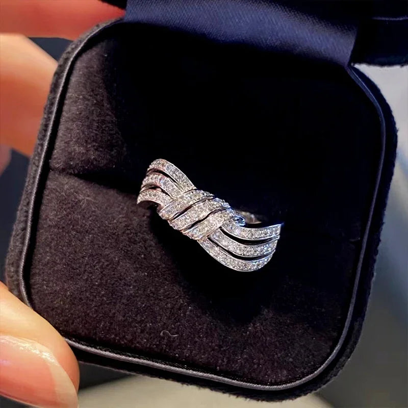 Huitan Shiny Twisty Bowknot Rings for Women with Cubic Zirconia Newly Designed Engagement Wedding Party Jewelry Fashion Gifts