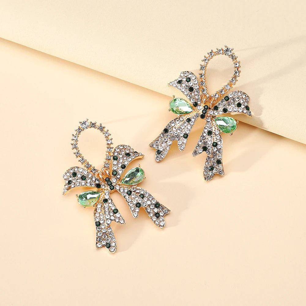 Fashion Gorgeous Sweet Rhinestone Bow Earrings for Women Party Prom Bridal Wedding Ladies Jewelry Accessories