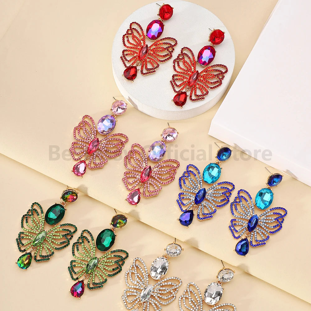 Luxury Sparkling Rhinestone Butterfly Dangle Earrings for Women Trendy Elegant Jewelry Accessories Party Prom Accessories