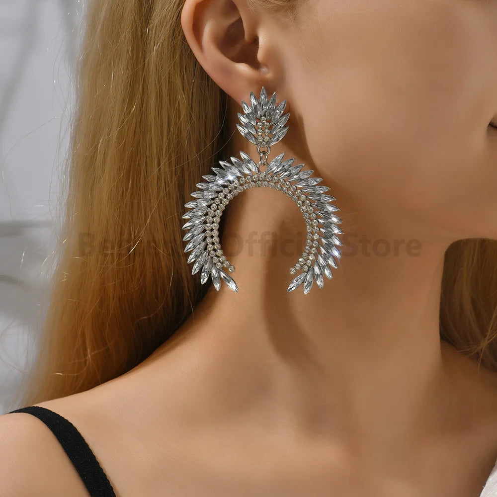 Exaggerated Red Imitation Gemstone Crescent Drop Earrings for Women Vintage Elegant Luxury Party Prom Bride Jewelry Accessories