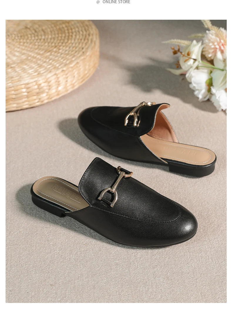 2024 spring and summer women’s outer wear slippers flat shoes Women's casual mules Stylish metal decoration Large size 41-44