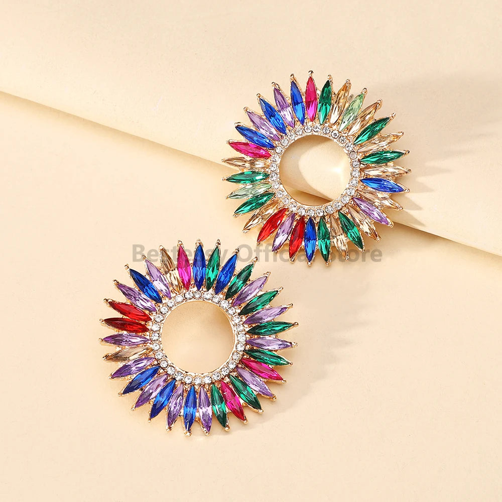 Fashion Trend Round Design Crystal Earrings For Women Statement Vintage Ear Stud Jewelry Accessories Luxury Charm Party Gifts