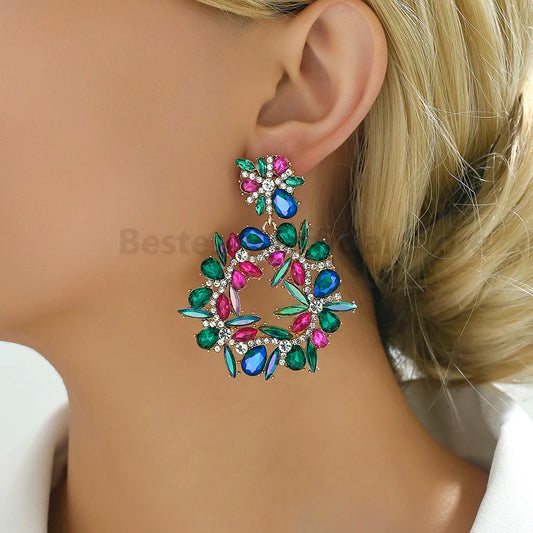 Bohemian Round Colorful Glass Dangle Earrings For Women Trend Luxury Elegant Alloy Vintage Pendants Wholesale Party Jewelry Gift