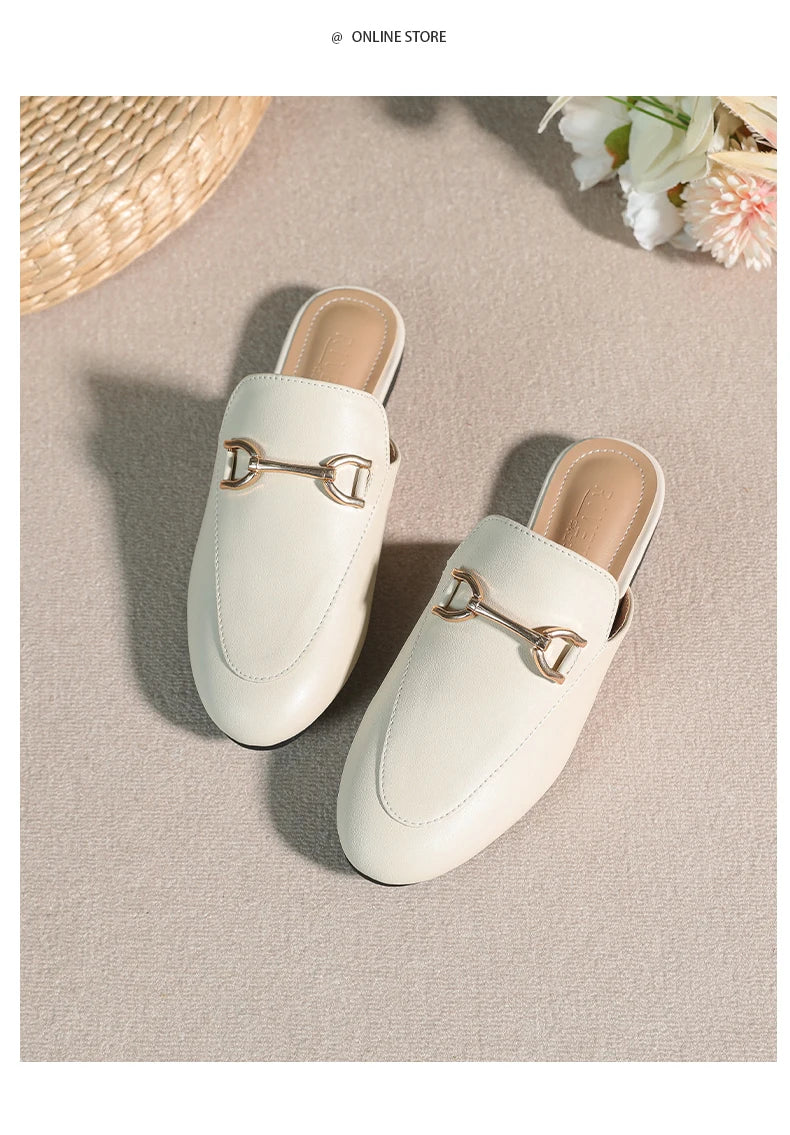 2024 spring and summer women’s outer wear slippers flat shoes Women's casual mules Stylish metal decoration Large size 41-44