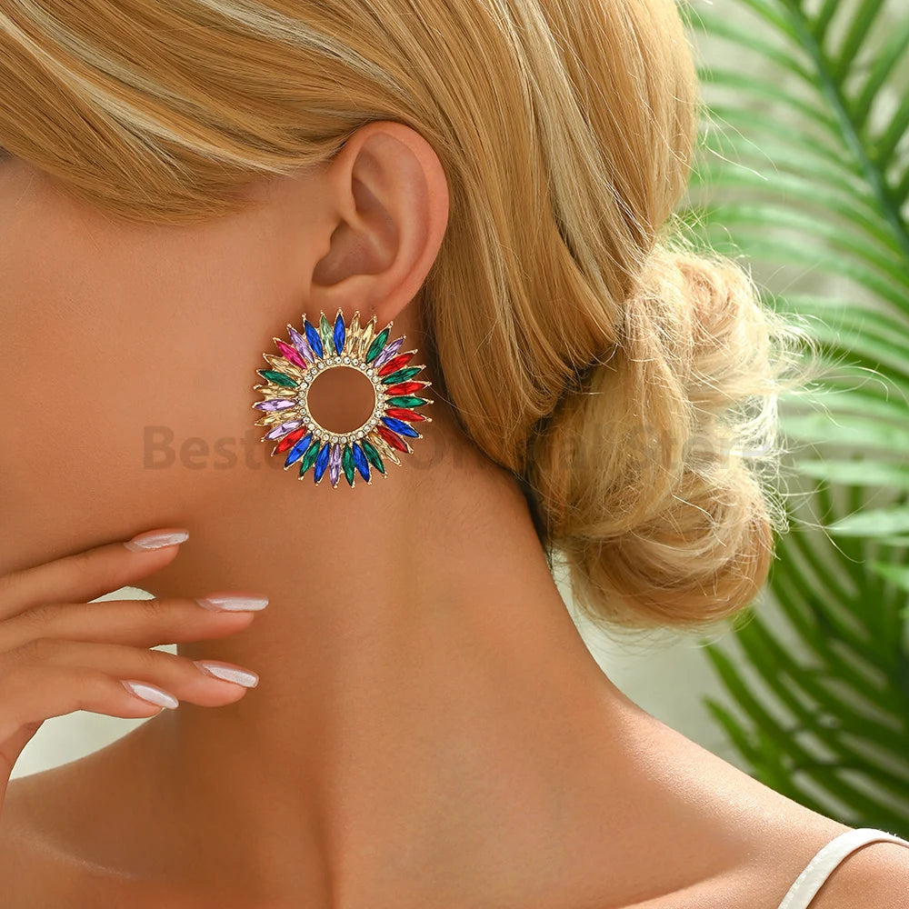 Fashion Trend Round Design Crystal Earrings For Women Statement Vintage Ear Stud Jewelry Accessories Luxury Charm Party Gifts