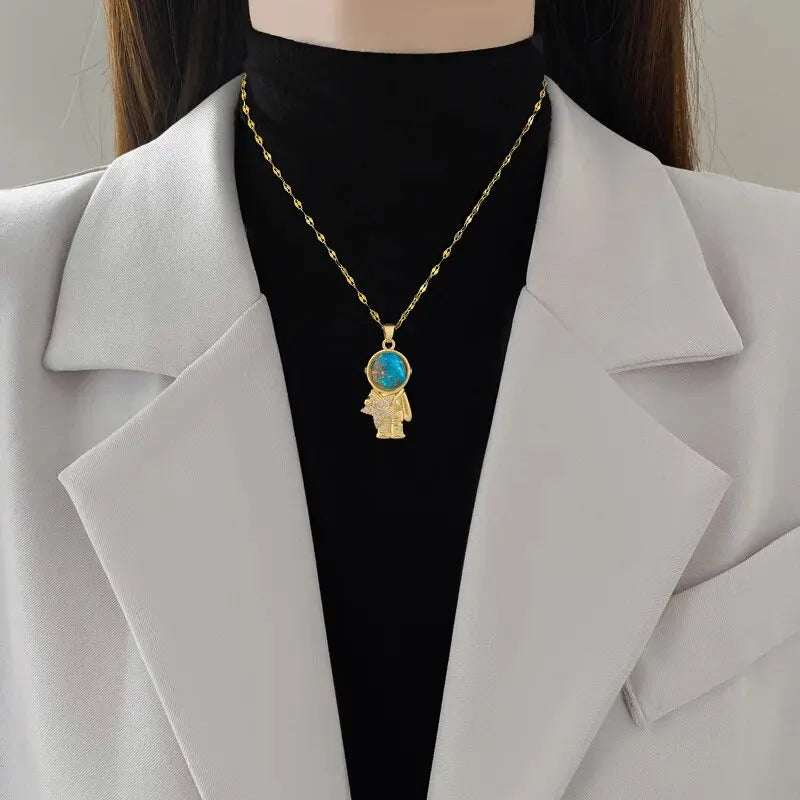 Light Luxury Titanium Steel Star Series Necklace for Women Gold Color Planet Moon Astronaut Pendant Necklaces Jewelry Gifts