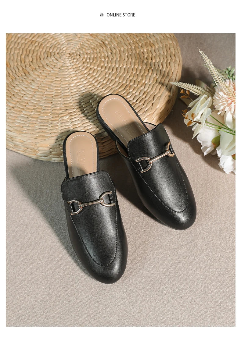 2024 spring and summer women’s outer wear slippers flat shoes Women's casual mules Stylish metal decoration Large size 41-44