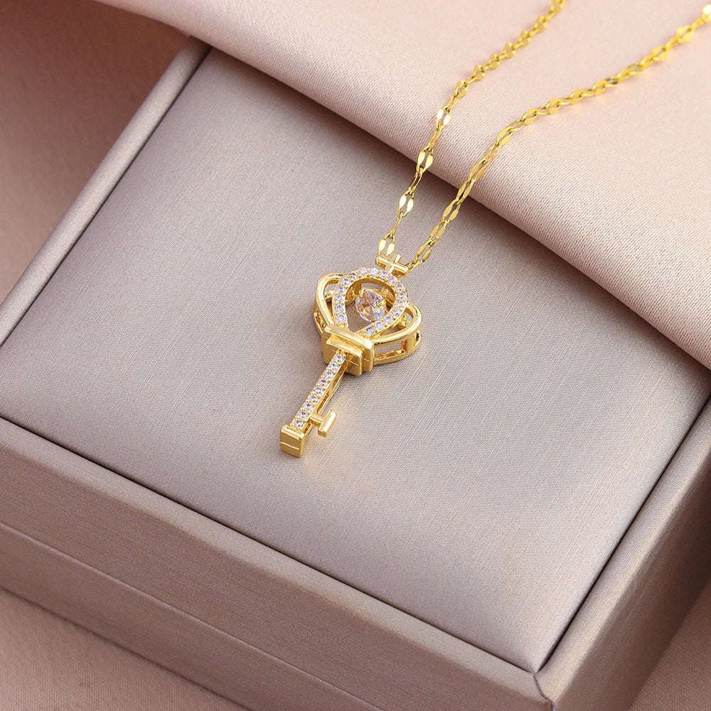 New In Sweet Romantic Open Your Heart Key Pendant Necklaces For Women Female Daily Wear Stainless Steel Clavicle Chain Jewelry