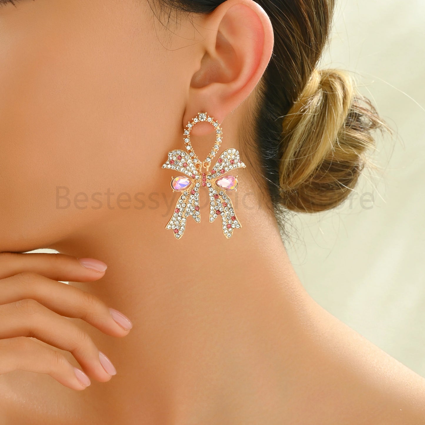 Fashion Gorgeous Sweet Rhinestone Bow Earrings for Women Party Prom Bridal Wedding Ladies Jewelry Accessories