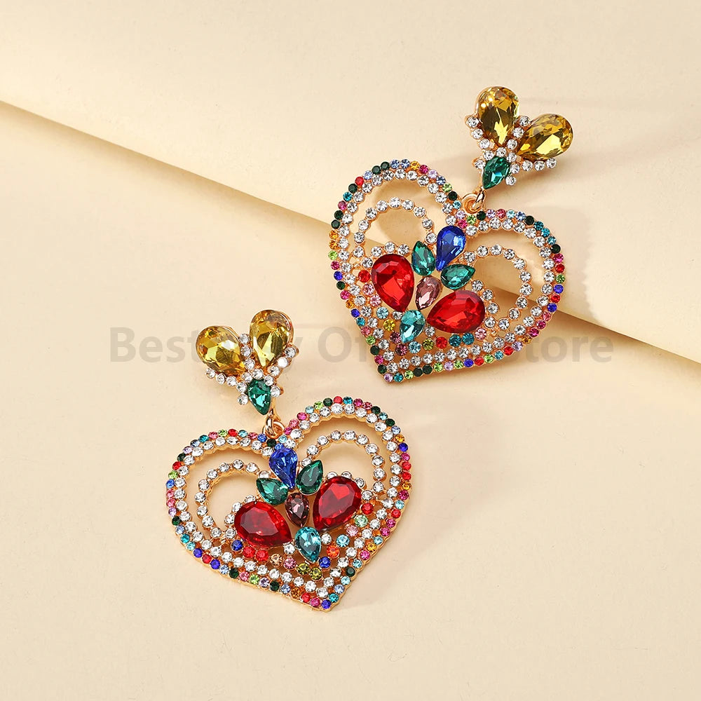 Fashion Heart Shaped Earrings Woman Valentine Colorful Shiny Rhinestone Elegant Gorgeous Pendant Girl Party Luxury Jewelry Gift