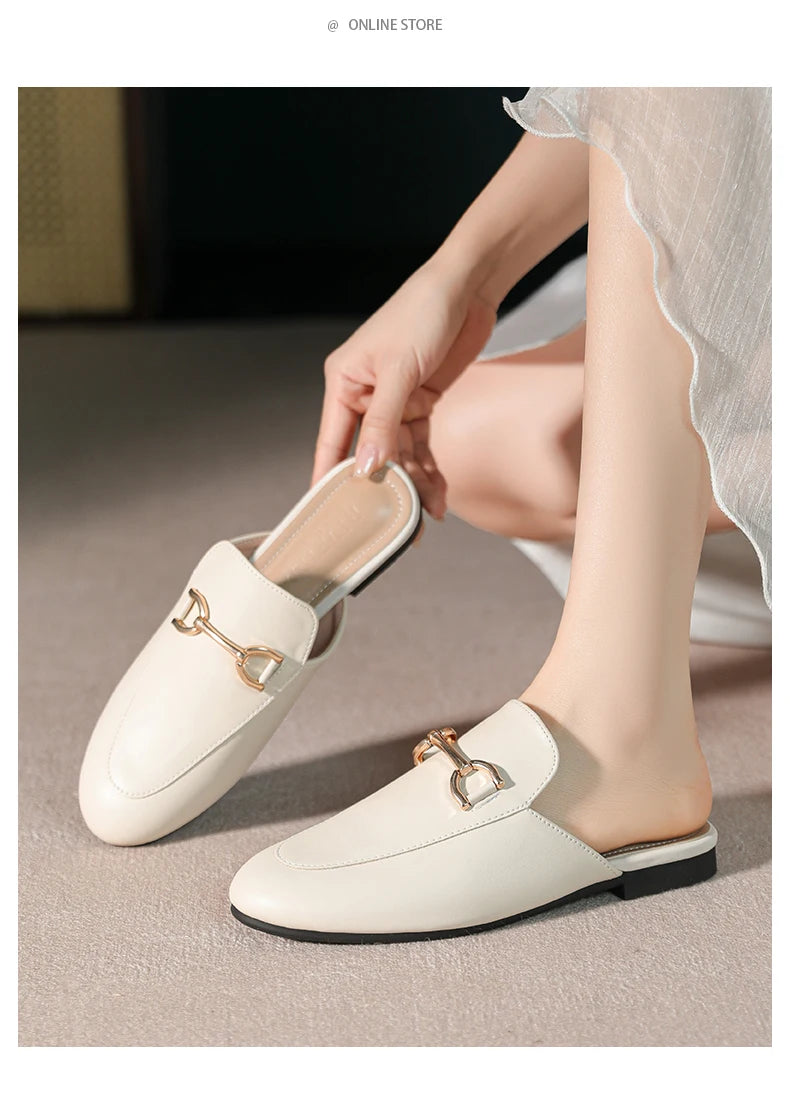2024 spring and summer women’s outer wear slippers flat shoes Women's casual mules Stylish metal decoration Large size 41-44