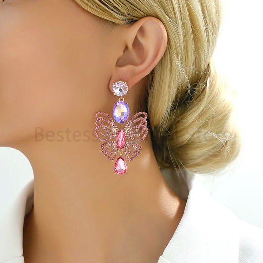 Luxury Sparkling Rhinestone Butterfly Dangle Earrings for Women Trendy Elegant Jewelry Accessories Party Prom Accessories