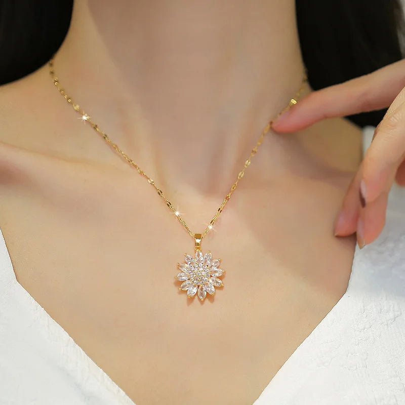 DIEYURO 316L Stainless Steel Luxury Zircon Flower Pendant Necklace For Women Girl New Trend Clavicle Chain Jewelry Lady Gift