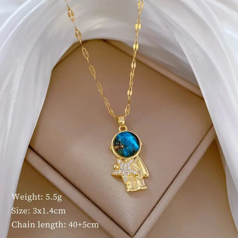 Light Luxury Titanium Steel Star Series Necklace for Women Gold Color Planet Moon Astronaut Pendant Necklaces Jewelry Gifts