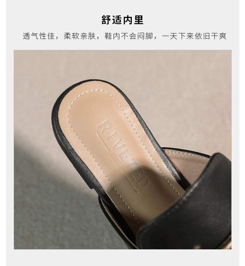 2024 spring and summer women’s outer wear slippers flat shoes Women's casual mules Stylish metal decoration Large size 41-44