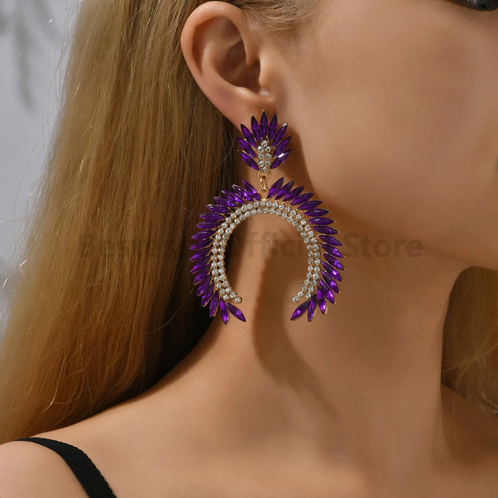 Exaggerated Red Imitation Gemstone Crescent Drop Earrings for Women Vintage Elegant Luxury Party Prom Bride Jewelry Accessories