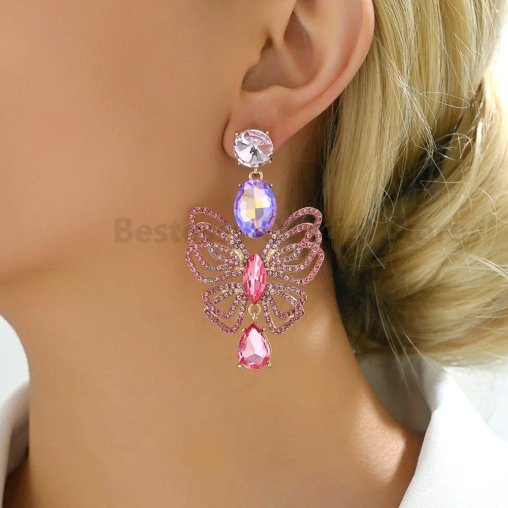 Luxury Sparkling Rhinestone Butterfly Dangle Earrings for Women Trendy Elegant Jewelry Accessories Party Prom Accessories