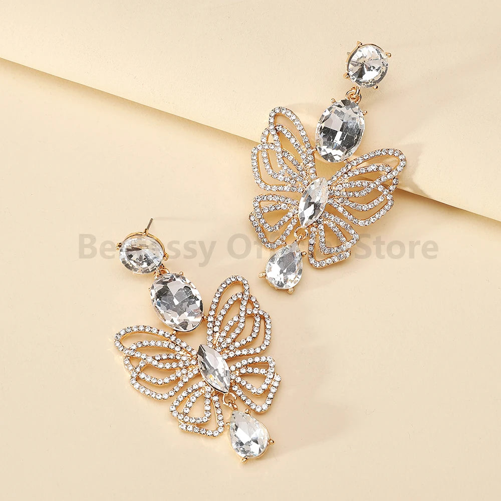Luxury Sparkling Rhinestone Butterfly Dangle Earrings for Women Trendy Elegant Jewelry Accessories Party Prom Accessories