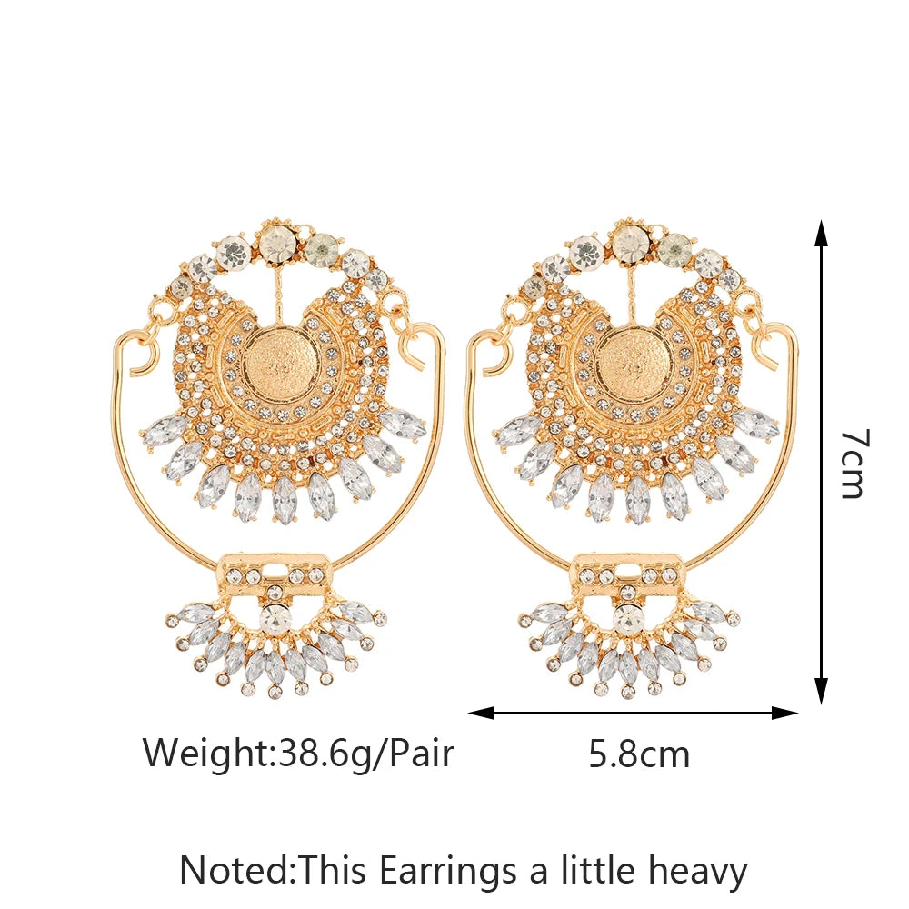 Bohemian Gold Metal Rhinestone Exaggerated Large Stud Earrings for Women for Party Prom Vacation Trendy Jewelry Accessories