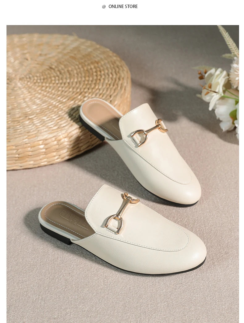 2024 spring and summer women’s outer wear slippers flat shoes Women's casual mules Stylish metal decoration Large size 41-44