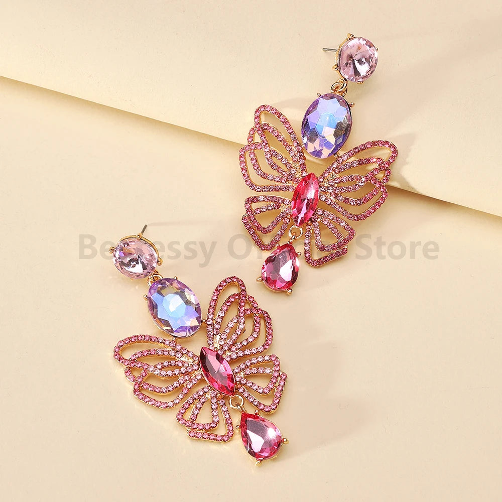 Luxury Sparkling Rhinestone Butterfly Dangle Earrings for Women Trendy Elegant Jewelry Accessories Party Prom Accessories