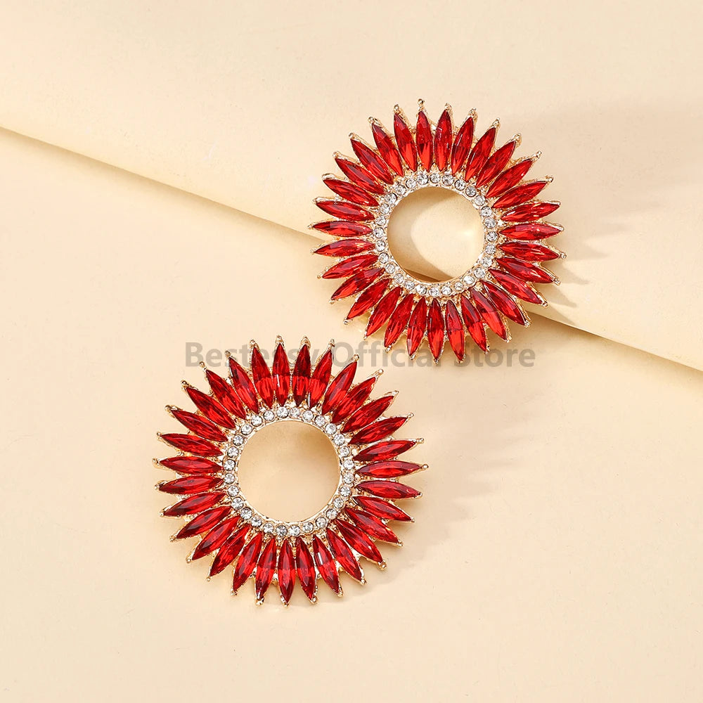 Fashion Trend Round Design Crystal Earrings For Women Statement Vintage Ear Stud Jewelry Accessories Luxury Charm Party Gifts