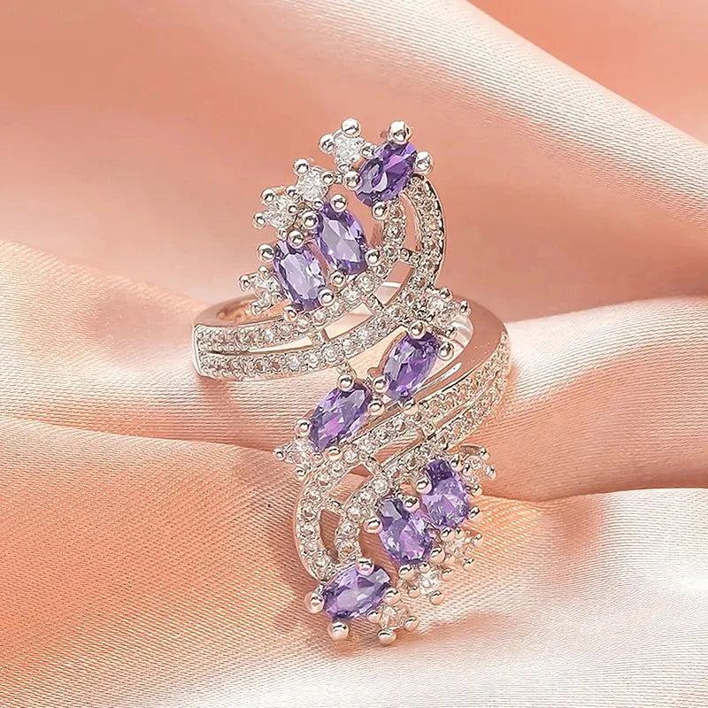 Huitan Gorgeous Women Rings White/Garnet/Purple/Blue Cubic Zirconia Aesthetic Bridal Rings for Wedding Party Drop Ship Jewelry