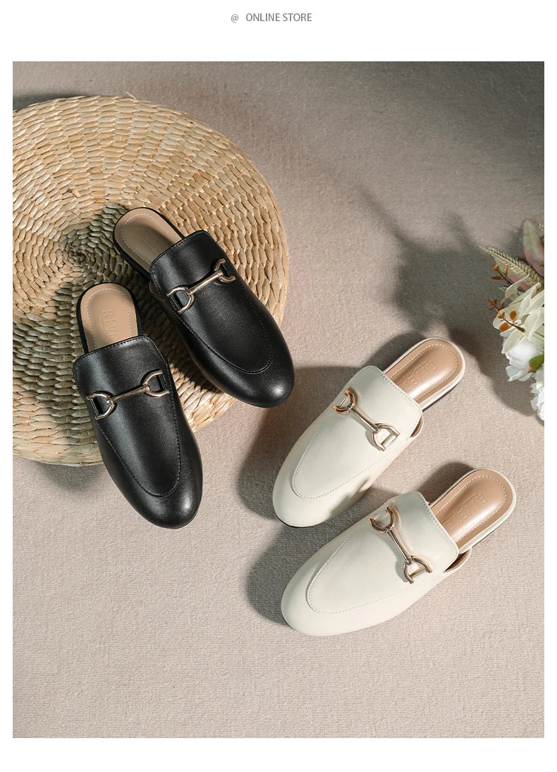 2024 spring and summer women’s outer wear slippers flat shoes Women's casual mules Stylish metal decoration Large size 41-44