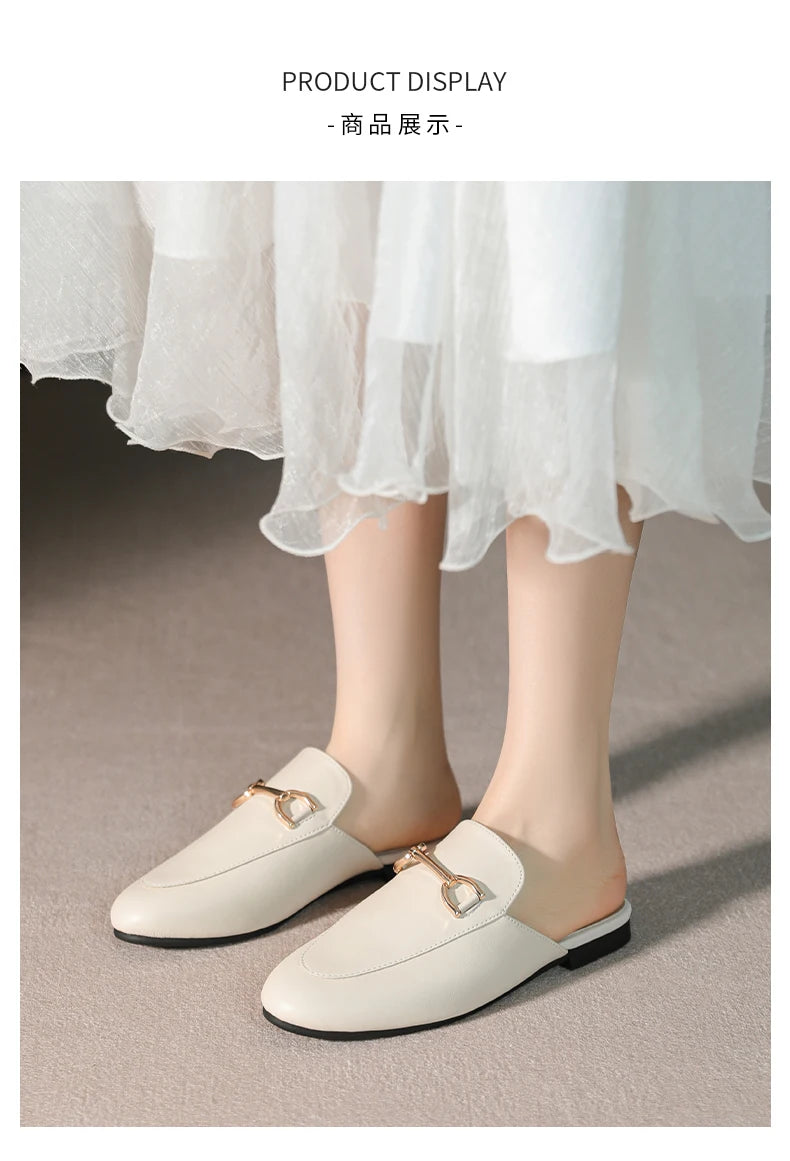 2024 spring and summer women’s outer wear slippers flat shoes Women's casual mules Stylish metal decoration Large size 41-44