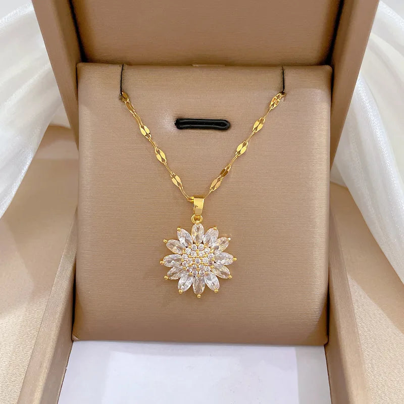 DIEYURO 316L Stainless Steel Luxury Zircon Flower Pendant Necklace For Women Girl New Trend Clavicle Chain Jewelry Lady Gift