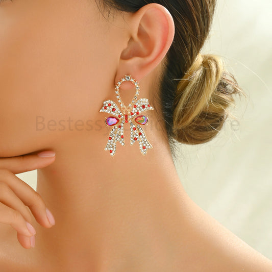 Fashion Gorgeous Sweet Rhinestone Bow Earrings for Women Party Prom Bridal Wedding Ladies Jewelry Accessories