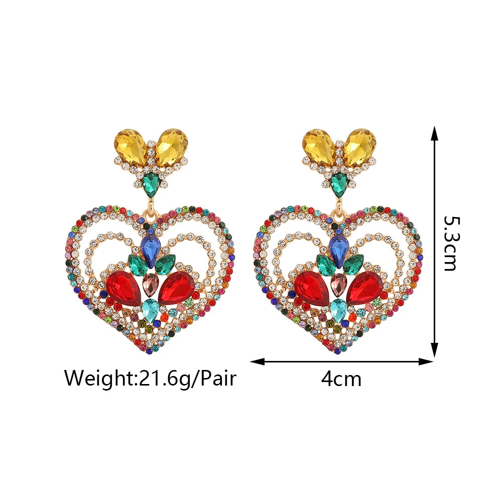 Fashion Heart Shaped Earrings Woman Valentine Colorful Shiny Rhinestone Elegant Gorgeous Pendant Girl Party Luxury Jewelry Gift
