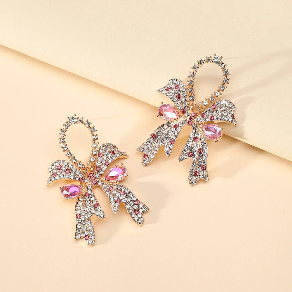 Fashion Gorgeous Sweet Rhinestone Bow Earrings for Women Party Prom Bridal Wedding Ladies Jewelry Accessories