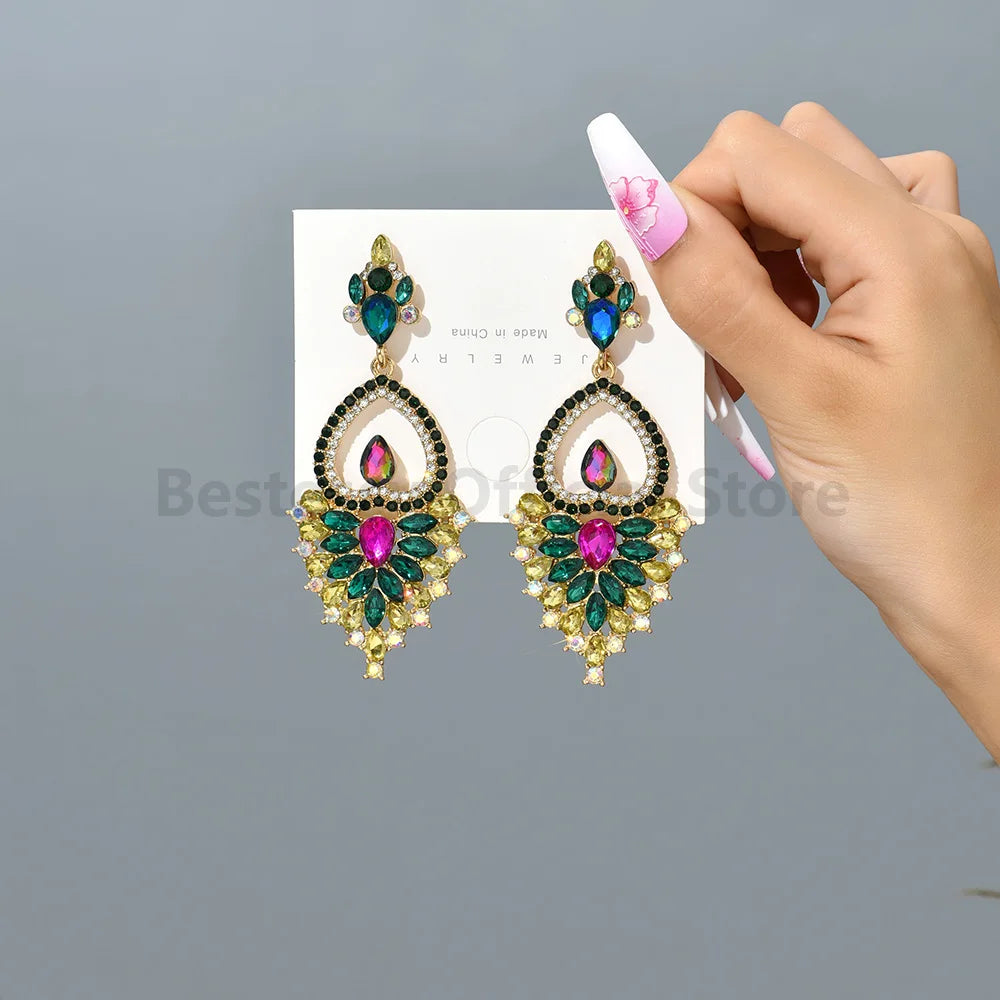 Trendy Euro American Heart Shiny Rhinestone Drop Dangle Earrings For Woman Geometric Inverted Girl Jewelry Unique Statement Gift