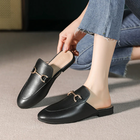2024 spring and summer women’s outer wear slippers flat shoes Women's casual mules Stylish metal decoration Large size 41-44