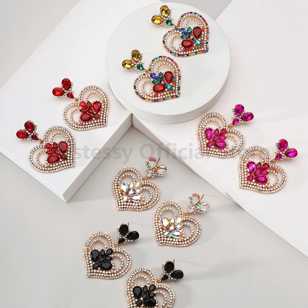 Fashion Heart Shaped Earrings Woman Valentine Colorful Shiny Rhinestone Elegant Gorgeous Pendant Girl Party Luxury Jewelry Gift