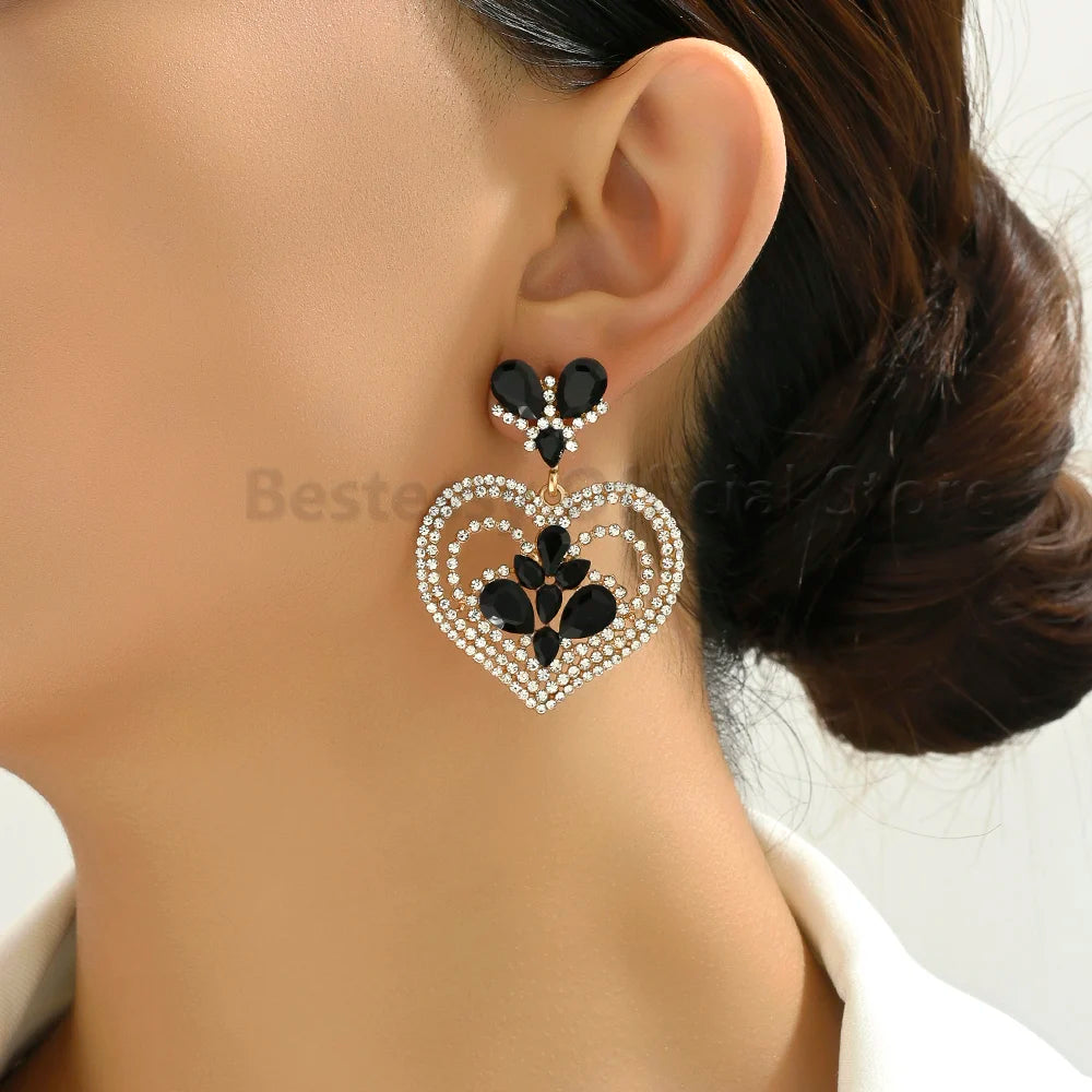 Fashion Heart Shaped Earrings Woman Valentine Colorful Shiny Rhinestone Elegant Gorgeous Pendant Girl Party Luxury Jewelry Gift