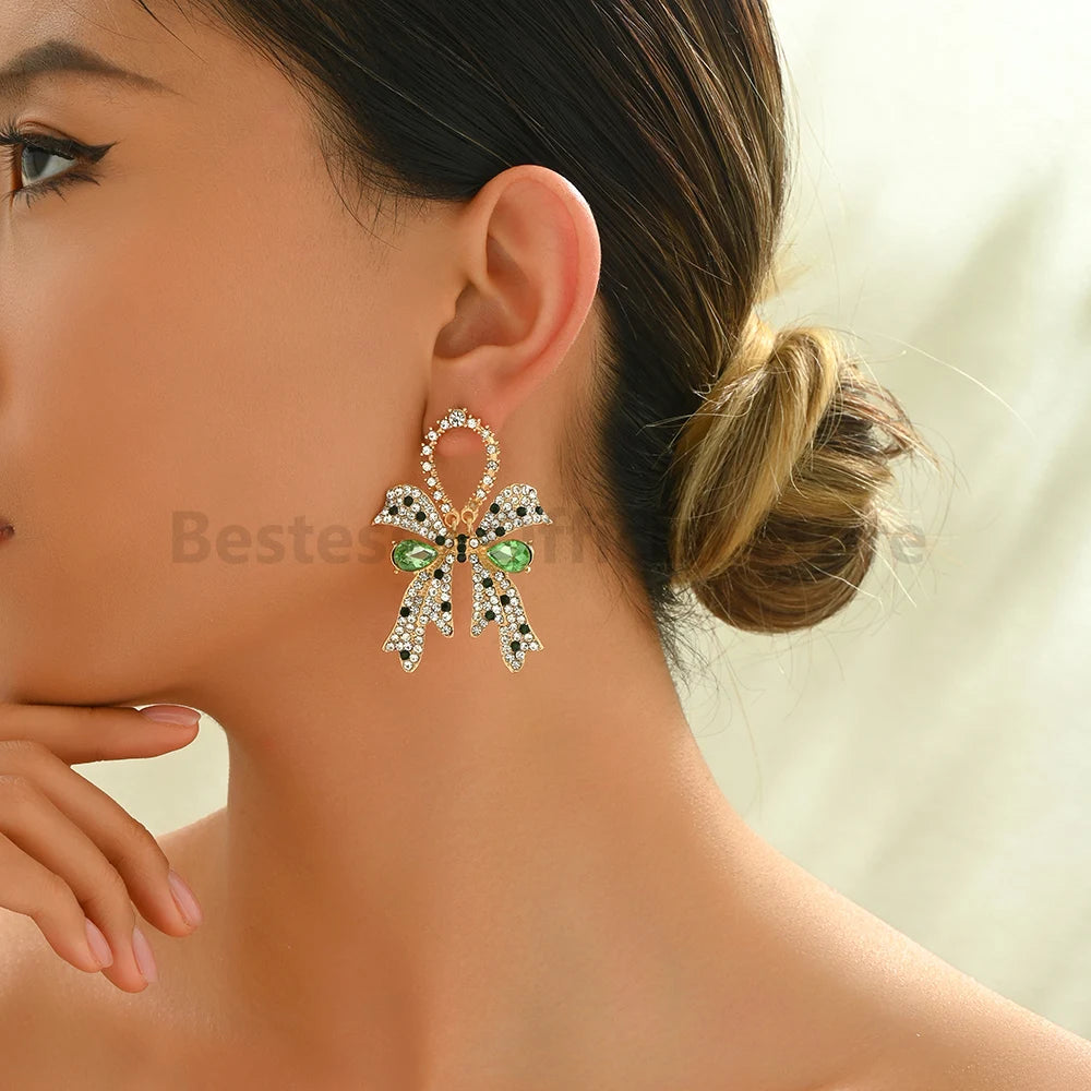 Fashion Gorgeous Sweet Rhinestone Bow Earrings for Women Party Prom Bridal Wedding Ladies Jewelry Accessories