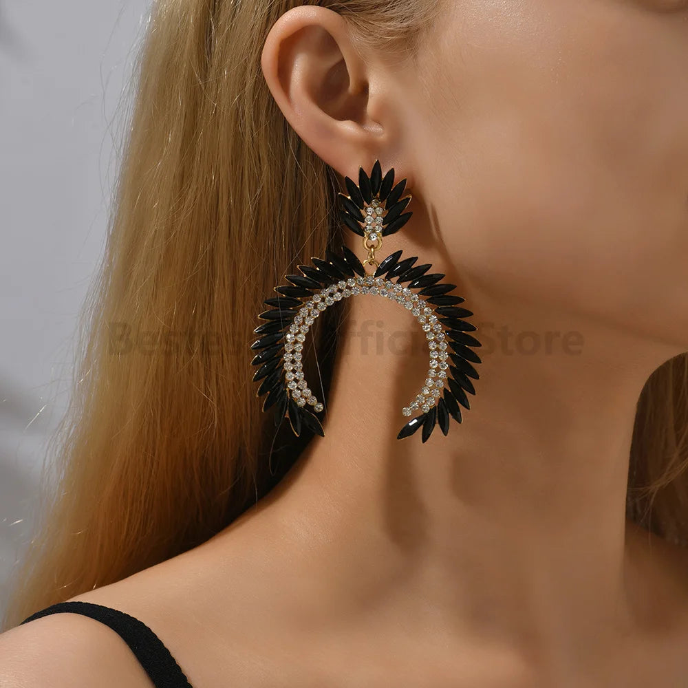 Exaggerated Red Imitation Gemstone Crescent Drop Earrings for Women Vintage Elegant Luxury Party Prom Bride Jewelry Accessories